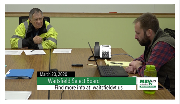 Waitsfield Select Board Chair Paul Hartshorn, left, and town administrator Trevor Lashua listen to board members on conference call meeting. Photo courtesy MRVTV