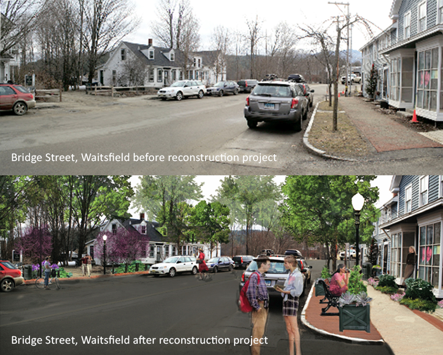 Before and after rendering of proposed Bridge Street beautification project. Photos courtesy AnnMarie Defreest
