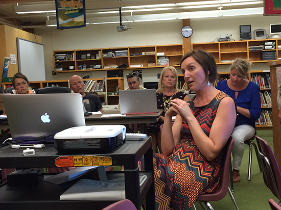 Nicole Mace of the Vermont School Board Association spoke to residents at the Warren School Board meeting on Tuesday, August 18. Photo: Rachel Goff