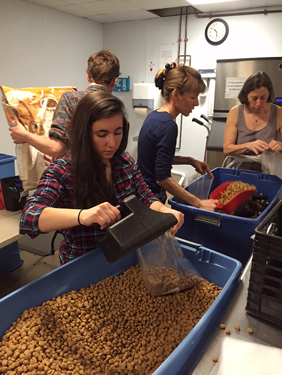 PAWSitive Pantry volunteers fill bags with donated dog food.