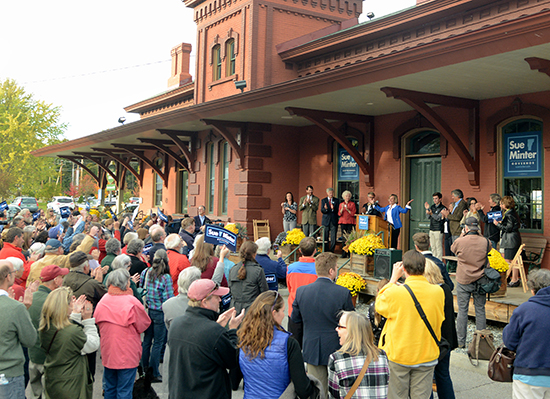 Sue Minter at the Waterbury train station kicking off her run for Vermont Governor. Photo: Gordon Miller
