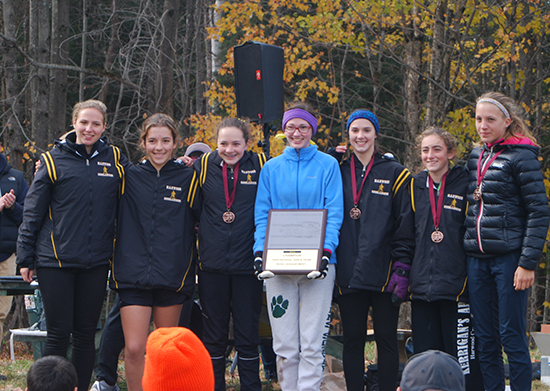 Harwood varsity girls’ cross-country team won the HVAC Mountain Division championship on October 24 in Newport. Pictured from left to right are Aenea Mead, Nicole Cutler, Jordan Kulis, Katie Ferguson, Lily Clark, Erin McGill and Phoebe Sweet. Photo: Laura Caffry