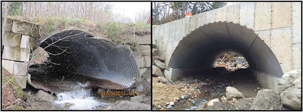 The replaced culvert, prior to 2012 and after replacement in 2015