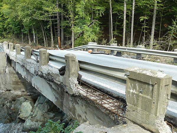 Route 100B bridge south of Moretown after Tropical Storm Irene. Photo: Logan Cooke