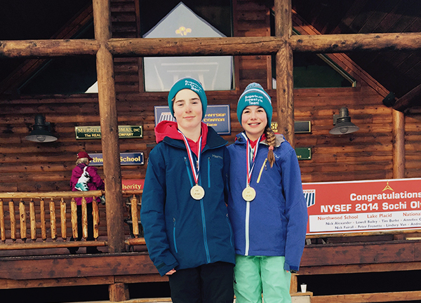 Sugarbush skiers Cooper Whalen, left, and Sabrina Cass medaled in the Eastern Freestyle Central States “B” Mogul and Slopestyle Championship at Whiteface Mountain, New York.