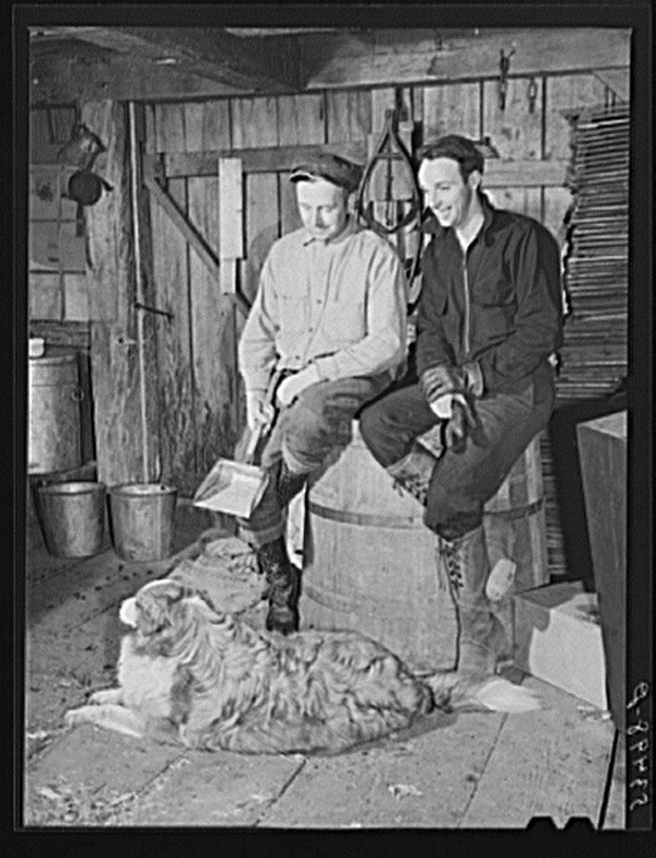 A pastoral example of the Mad River Valley community that Elmer planned to serve exists in the Library of Congress. “Walter M. Gaylord and his neighbor, George Wallis, discussing syruping in the sugar house while the sap is boiling into maple syrup.”