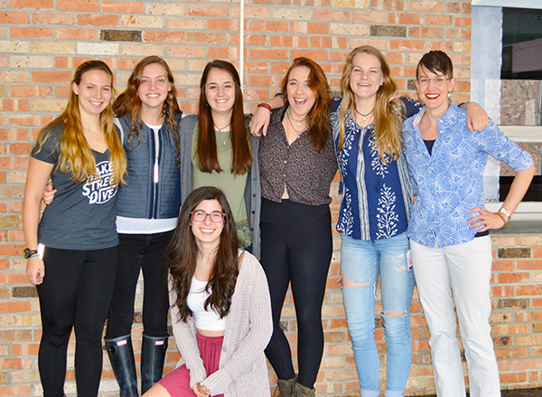 Harwood students and faculty after their trip to Rwanda, from left to right: Aenea Mead, Maya Kalkstein, Julia Louer, Nina Sklar, Bella Harris, teacher and trip supervisor Tedin Lange and Eve Golden (bottom).