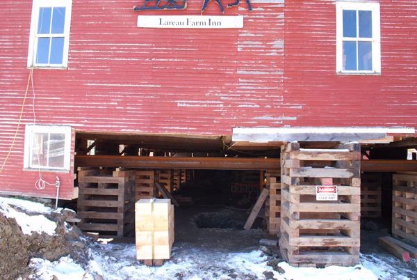The barn at Lareau Farm and American Flatbread in Waitsfield has been raised to repair and upgrade the foundation. Photo: Jesse Lavoie