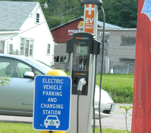 An electronic vehicle charging station at Red Hen in Middlesex.