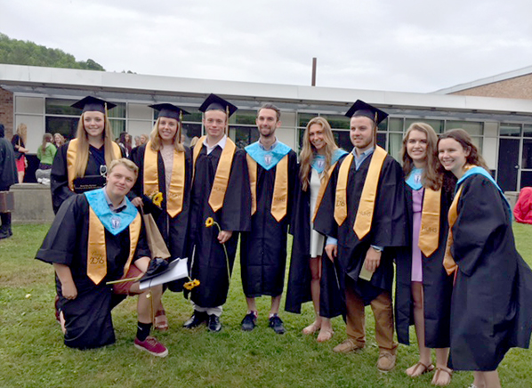 Harwood graduates who began their schooling in kindergarten at Fayston Elementary School gathered for a photo. Standing: Monica Van Schaick, Isobel Morton, Ben Friedman, Caleb Hoyne, Mercedes Woolley, Trevor Hallam, Morgan Vasseur, Chloe Emler. Kneeling front: Ben Read. Photo: Trish Read