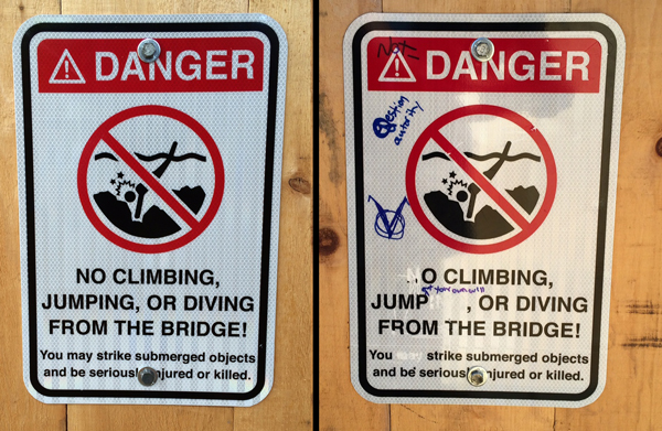 Signs that are posted on the East and West sides of the Waitsfield Covered Bridge.