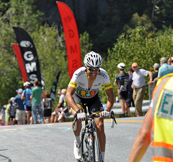 Rider ascending the Appalachian Gap during the Green Mountain Stage Race. Photo: GMSR