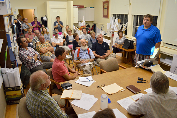 Logan Cook at the Warren Select Board meeting urges members to purchase the Mad River Rec Fields. Photo: Chris Keating