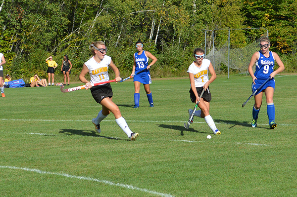 Lauren McMann, No. 7, and Margo Nolan, No. 11, control the ball in last Thursday’s field hockey game against U-32. The Highlanders went on to lose 2-0, moving to 3-3 on the season. Photo: Chris Keating