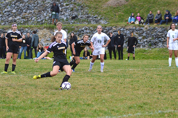 Harwood player takes a shot during Harwood versus GMVS women's soccer. Photo: Chris Keating