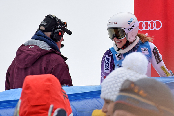 Hannah Utter speaks with a race official after forerunning the Killington World Cup. Photo: Jeff Knight