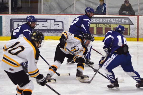 Harwood captain Eli Rivers takes a shot on net in the third period of last Saturday’s game against Missisquoi. Harwood won 8-5 and Rivers recorded a hat trick. Photo: Chris Keating.