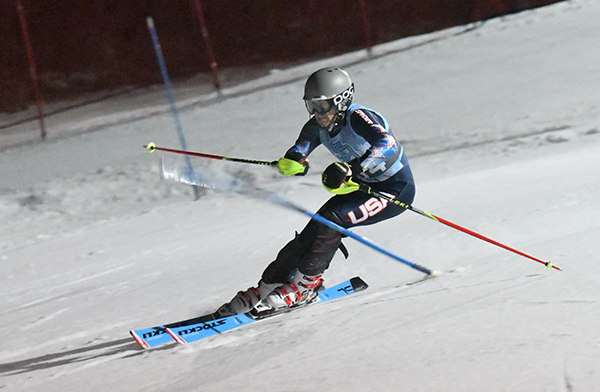 Harwood ski racer Rex Rubenstein racing under the lights at Cochran's Ski Area on January 23. Photo: John Williams