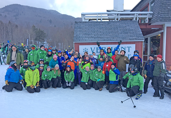 The 2017 Vermont Adaptive Ski and Sports/Sugarbush Special Olympics Alpine Race Team and the Vermont Adaptive volunteer coaches. Chittenden SO team joined in too! Photo courtesy of Ellen Riley.