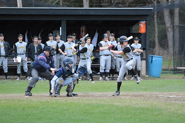 harwood's Ryan Semprebob winds up during Tuesday night's 9-3 loss to Randolph. Photo: Chris Keating