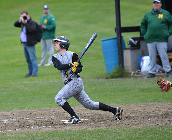 A Harwood batter gets a hit during Harwood's 8-3 win over Montpelier on May 9. Photo: Chris Keating