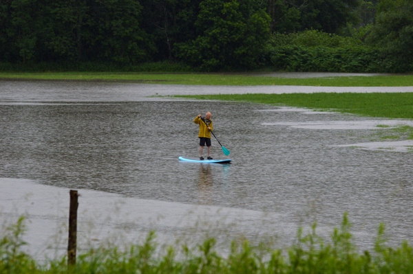 A lone paddleboarder takes advantage of flooded fields from the July 1 rains. Photo: Chris Keating