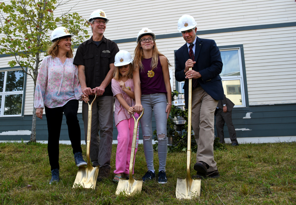Karen and Sean Lawson with daughters Ava and Jade, and Vermont Governor Phil Scott break ground for the new home of Laswon's Finest Liquids in Waitsfield. Photo: Chris Keating
