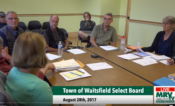 Members of the Waitsfield Water Commission came to the Waitsfield Select Board August 28, 2017 to discuss costs incurred after a state contractor broke the water system main in 2014. The state refused to pay the whole amount leaving the town on the hook for the remaining amount. Photo courtesy MRVTV