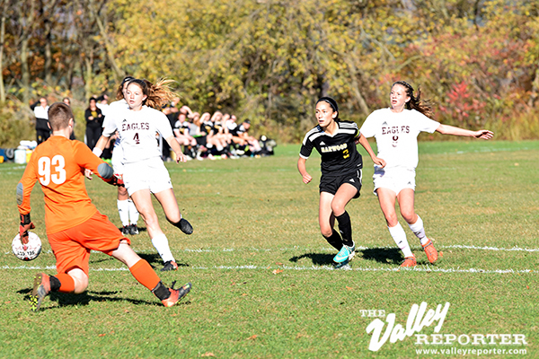 Kaia Cormier scores Harwood's first goal agains Mt. Abe. Harwood lost 3-2 in double-overtime. Photo: Jeff Knight