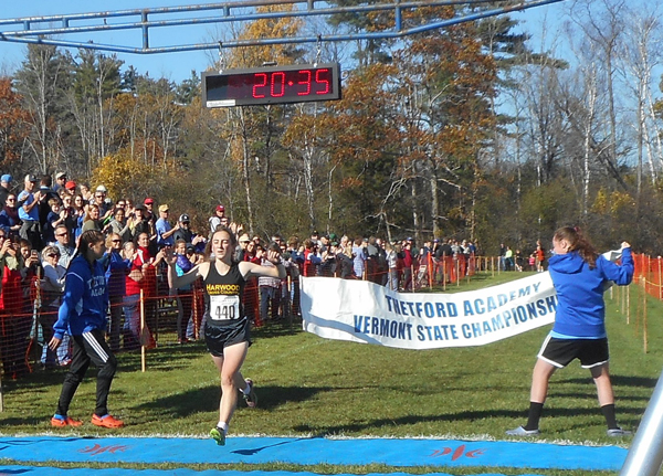 Harwood's Erin Magill was the girls' cross country Division II winner at the Vermont State Championships on October 28, for the second year in a row. Photo: Laura Caffry