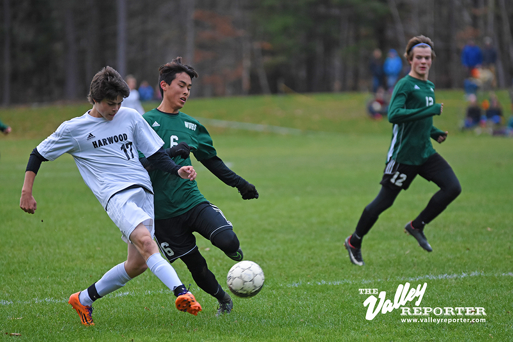 Harwood's Jake O'Brien scores his third of four goals against Woodstock. Harwood won the semifinal match on Wednesday, November 1 7-0 and will move on to the state championship game on Saturday, November 4. Photo: Christopher Keating