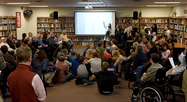 Harwood students and community members partake in a Socratic dialogue on Monday, November 13. Joining the group for this event on privacy and security in America, was Christopher Phillips, founder of the Socrates Cafe. Photo: Christopher Keating.