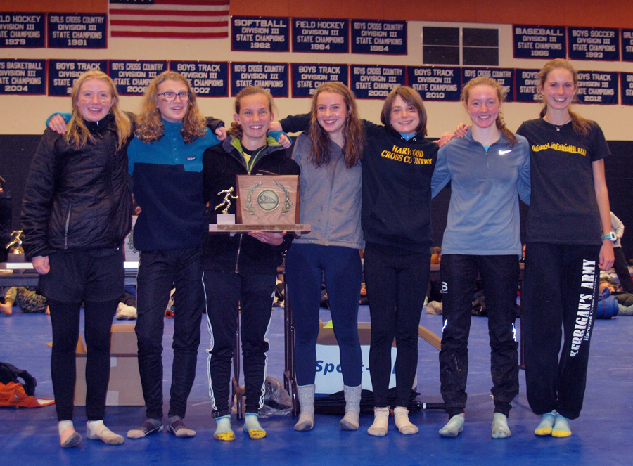 Vermont State Champions Division 2 Girls' cross-country Harwood Highlanders. L-R: Caelyn McDonough, Britta Zetterstrom, Julianne Young, Hadley Kielicj, Ava Thurston, and Sarah Kate Smith.