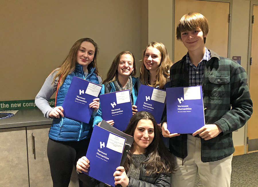 Harwood students Kaia Levey, Hadley Kleitch, Winter Haberle, Katie Rush and Maddy Cheney led a session at the Vermont Council for the Humanities Conference on Saturday, November 17, in Burlington.