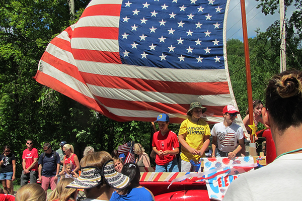 14 kids on firetruck and flag, Warren parade