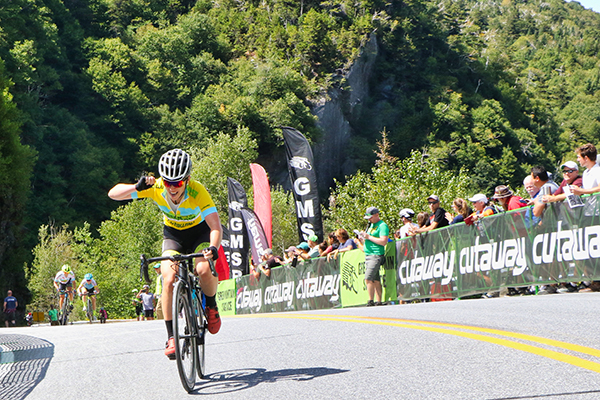 Photo: Gary Kessler. Pro racer Emma Langley  powers up the last section of App Gap to win the Stage 3 women’s portion of the Green Mountain Stage Race.