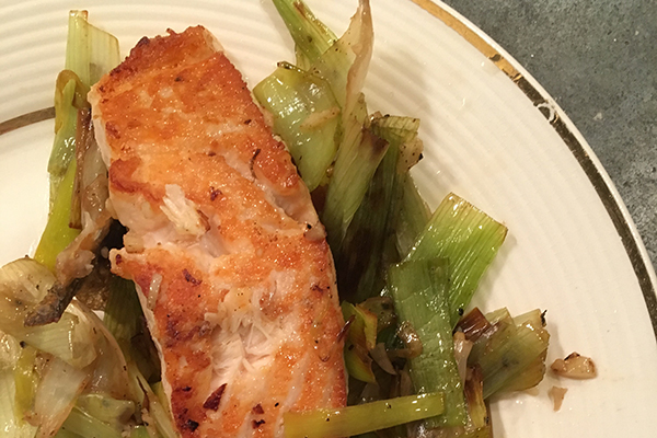 Salmon with caramelized leeks