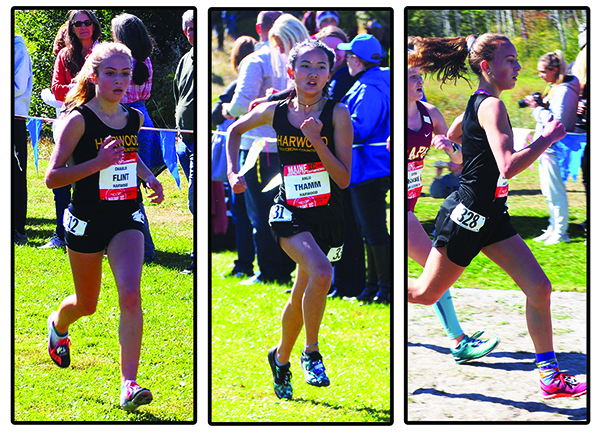 Photo: Ann Zetterstrom. Harwood freshmen, left to right, Charlie Flint, Anlu Thamm and Jill Rundle, helped the Harwood girls’ cross-country team make history with their win of the Maine Festival of Champions.