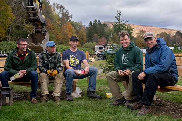 Pictured, left to right, are Nick Managan (Cabot), George Schenk (Lareau Farm), Bob Kogut (Mad River Riders board president), Timo Bradley (Timber Homes) and John Atkinson (Mad River Riders director)