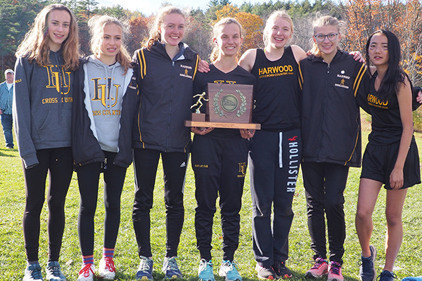 Photo: Ann Zetterstrom. The girls won the Division 2 cross-country race on Saturday, October 26, and are second overall in the state under powerhouse CVU, last year’s New England champions. From left to right: Jill Rundle, Charlie Flint, Ava Thurston, Julianne Young, Caelyn McDonough, Britta Zetterstrom and Anlu Thamm