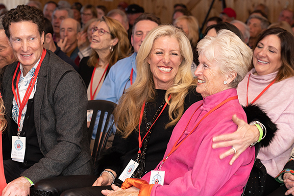 A 2019 inductee into Sugarbush’s Wall of Fame, Darian Boyle, embraces her mother, Florence Boyle, at the April 6, 2019, ceremony. Photo: Barrie Fisher.