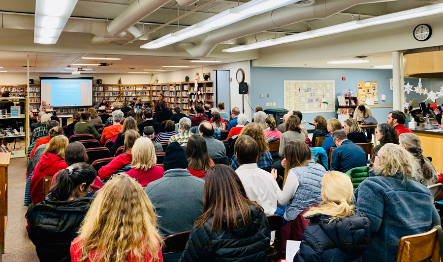 Attendance was high at the January 22 HUUSD board meeting. The public wanted to have input on potential school closures. Photo: Hadley Laskowski