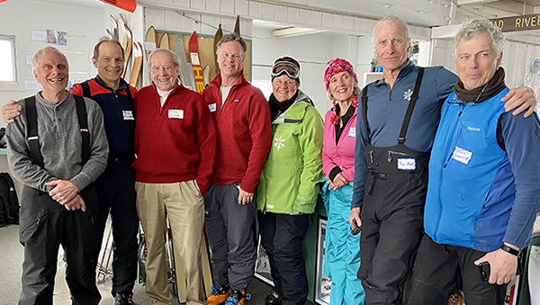 The Mad River Ski School from left to right: Steve (Lefty) Rennau, Rick Moulton, Dixi Nohl (director), Glen Cousins, Leigh Clark, Melinda Moulton, Alan Moats and John Schultz. Photo: Kim Holtan. 