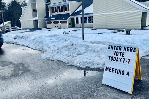 Sandwich board sign for polls in Warren, Vermont.