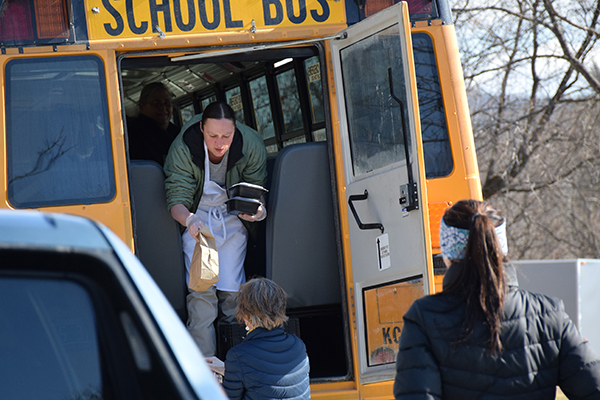 Lunches being distributed at Waitsfield School. Photo: Jeff Knight