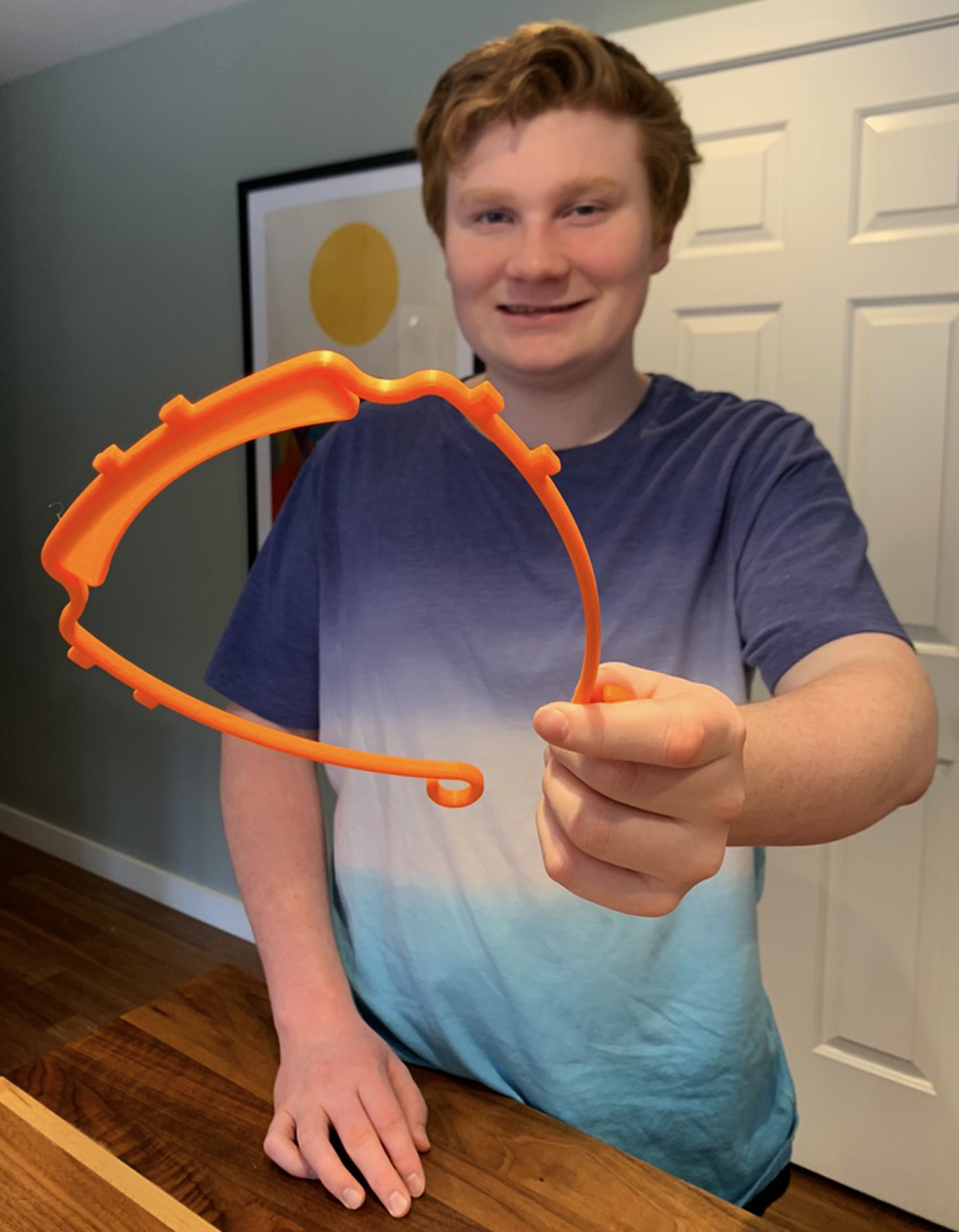 Noah Schwartz with 3D printed headband. Noah Schwartz with 3D printed headband.
