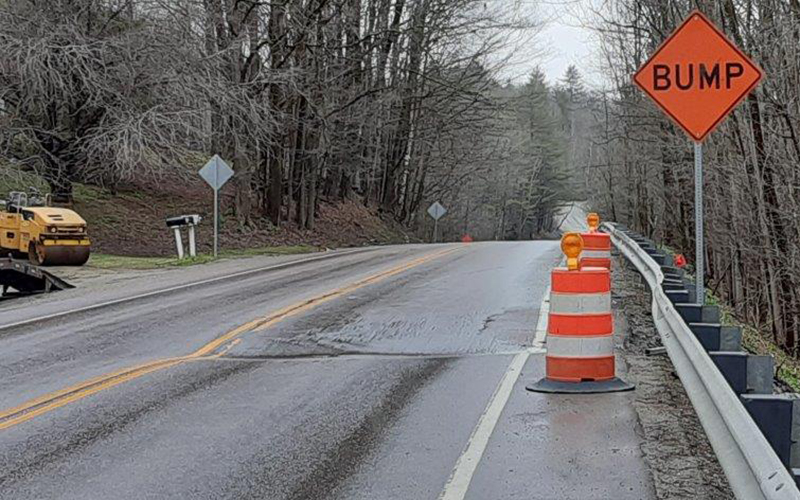 A paving truck was standing by last Friday to fill in the deep depression on Route 100 in Duxbury for the weekend. It’ll be repaired this week. Photo: Stephen Zonies.