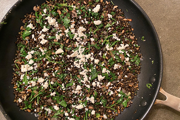 Lentil feta arugula saute