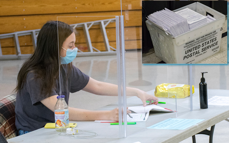 Waitsfield election personnel were masked and distanced during the August 11 primaries. Inset: mail-in votes received by the town. Photos: Jeff Knight