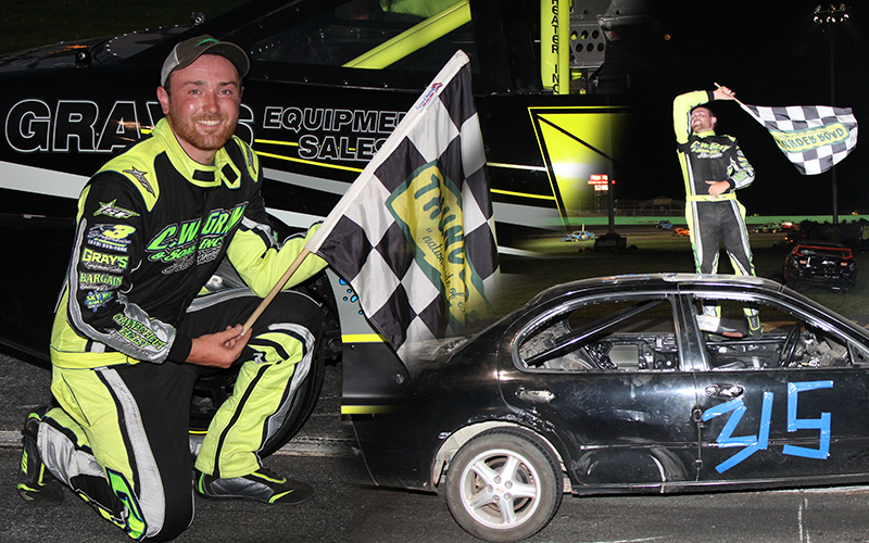 East Thetford, VT's Brandon Gray celebrates his victory in the 36th annual Bolduc Metal Recycling Enduro 200 on Sunday, August 23. Gray also triumphed in the 50-lap Allen Lumber Street Stock Special after taking the lead for good in the final corner. Photo: Alan Ward.